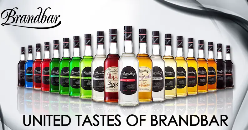 A lineup of BrandBar own-production syrups, liqueurs and spirits